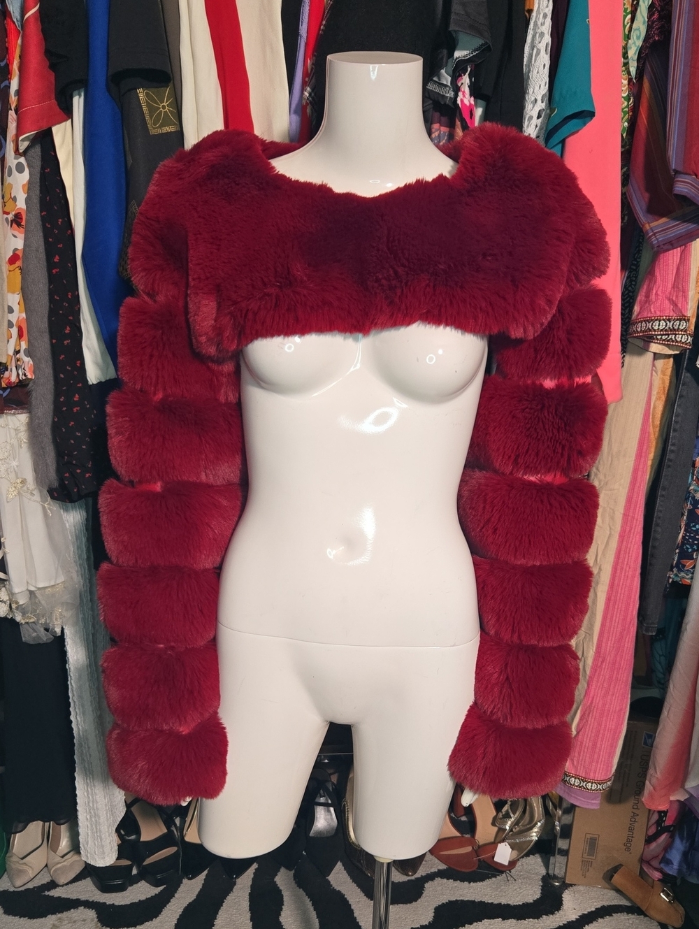 Plush Faux Fur Bolero Shrug Jacket - Deep Burgundy